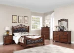 Goldoma queen size bed frame with tufted faux leather headboard in dark cherry finish - elegant traditional bedroom furniture