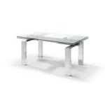 Goldoma 63-inch modern glass dining table with self-storing leaf and silver stainless steel pedestal base