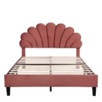 Goldoma full size velvet platform bed with floral upholstered headboard, eco-friendly teak wood construction