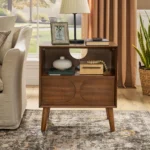 Mid century modern fluted nightstand with charging station, USB ports, and solid wood legs in walnut brown finish