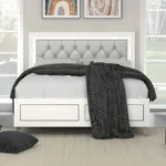 Goldoma adjustable queen bed with diamond cushioned LED headboard and underbed storage in grey and white finish
