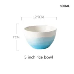 Nordic gradient blue ceramic dessert plates set with bowls and cups on a wooden table