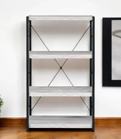 HMS 43" Four Tier Etagere Bookcase Antiqued White and Black Metal with Wood Four Tier Bookshelf