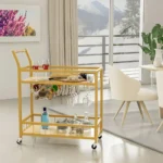 HMS 27" Gold Metal Wood Rolling Bar Cart with Wine Storage Serving Trolley for Dining Living Room Hotel Made of Steel Brass - Image 6