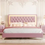 Goldoma queen platform bed with LED lights and tufted PU leather headboard in modern style