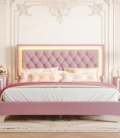 Goldoma queen platform bed with LED lights and tufted PU leather headboard in modern style