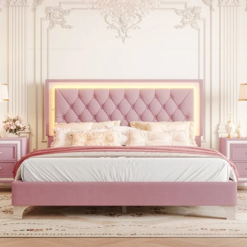 Ha50edbe1a04840dea3926bff2f4a6033a.webp Goldoma queen platform bed with LED lights and tufted PU leather headboard in modern style