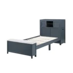 Goldoma Navy Blue Twin Adjustable Platform Bed with storage, bookcase headboard, hidden desk, drawers, and bench
