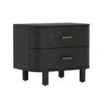 Modern minimalist black nightstand with two drawers and wood handles beside a bed in a contemporary bedroom