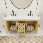 Spacious 60-inch double sink vanity featuring ample storage with six drawers and two cabinet doors.