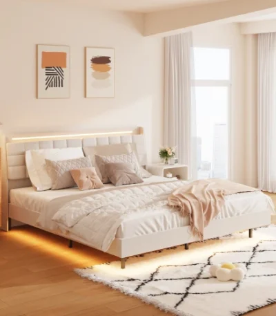 King floating bed frame with LED lighting and charging station in a modern bedroom