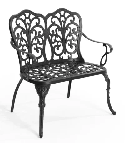 Outdoor metal bench with floral rose design in black finish on a patio