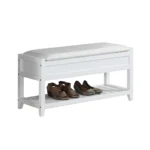 White storage bench with padded seat and shoe shelf in entryway