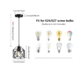 Close-up of the black industrial pendant light showing the cage details and vintage bulb inside.