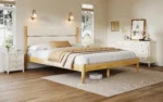 Adjustable queen bed frame with fleece upholstered headboard and solid wood construction in modern bedroom setting