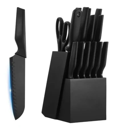 15-piece kitchen knife set with block and sharpener on marble countertop