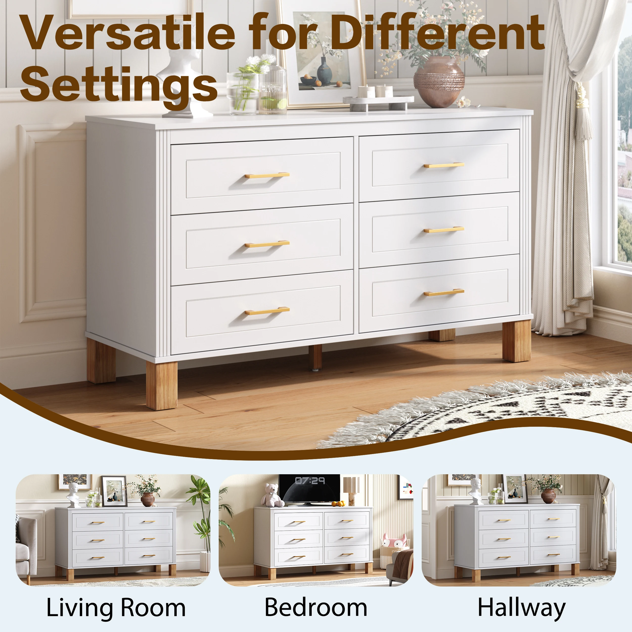 Modern 6-Drawer Double Dresser White with Metal Handles and Solid Wood Legs
