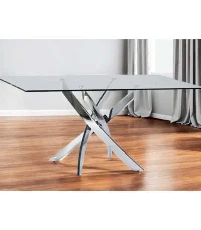 63-inch clear glass dining table with stainless steel pedestal base in a modern dining room setting