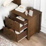 Fluted nightstand set of two in walnut finish with metal handles, mid-century modern style by Goldoma