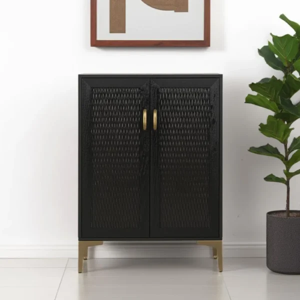 HMS Modern Rustic Bar Cabinet with Black Gold Finish and Faux Rattan Accents