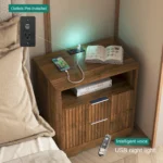 Wood nightstand with USB charging station and night light in bedroom setting
