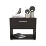 Modern walnut nightstand with drawer and shelf in a bedroom setting