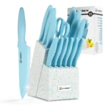 No Rust 14 Pieces Blue Stainless Steel Blade Kitchen Knife Set with Wooden Stand Kitchen Scissors – angled view