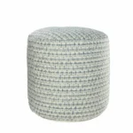 Goldoma 20-inch blue geometric pouf ottoman on a patio, showcasing its round shape and polyester fabric