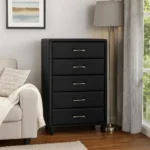 Modern 1-Drawer Dresser with Black Glass Top & Silver Bar Pulls – styled in a modern Living setting