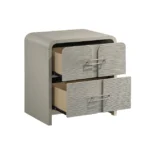 Modern 2-drawer nightstand beige with textured metal handles next to bed