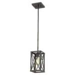 HMS bronze metal geometric mini pendant chandelier hanging from ceiling, warm glow against dark wall.