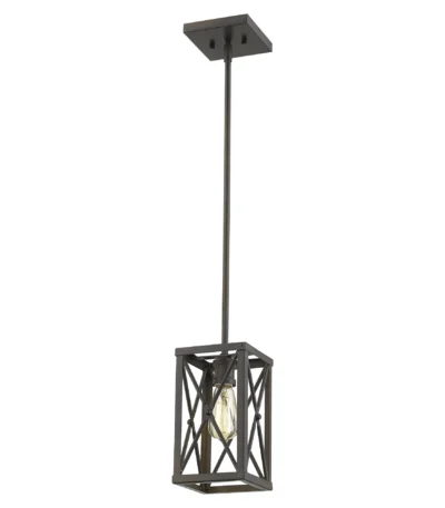 HMS bronze metal geometric mini pendant chandelier hanging from ceiling, warm glow against dark wall.
