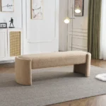 Goldoma long ottoman bench in light camel upholstery, modern floor mount design for bedroom or living room