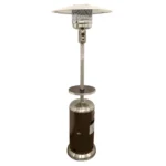 Goldoma HMS 48000 silver steel propane patio heater standing on a deck with trees in background
