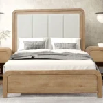 Goldoma adjustable king bed with oak wood frame and channel padded headboard in a modern bedroom setting