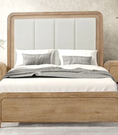 Goldoma adjustable king bed with oak wood frame and channel padded headboard in a modern bedroom setting