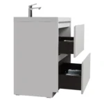 Angle view of the 36-inch vanity with a rectangular sink and a chrome faucet, highlighting the glossy white surface and