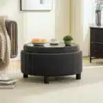 Goldoma 29.33"W Upholstered Round Ottoman with Reversible Lid – Fleece Fabric Storage Stool for Living Room – styled in a