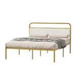 Goldoma Queen Platform Bed Frame with beige upholstered headboard and gold metal frame