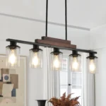37-inch farmhouse industrial 5-light kitchen island pendant light with metal wood frame and clear glass shades, hanging
