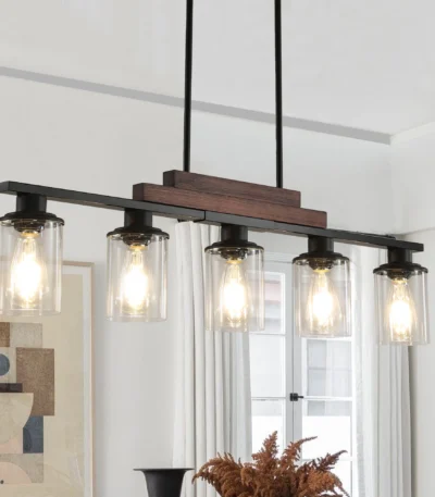 37-inch farmhouse industrial 5-light kitchen island pendant light with metal wood frame and clear glass shades, hanging