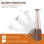 Pyramid stainless steel patio heater with infrared glass tube glowing in outdoor setting
