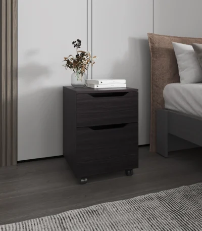 Goldoma Newriver wenge nightstand with drawer and door in a modern bedroom setting