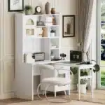 Modern Glass Computer Desk with 90 Degree Rotating Desktop Durable Office Desk with Storage Drawer Shelves and Cabinets