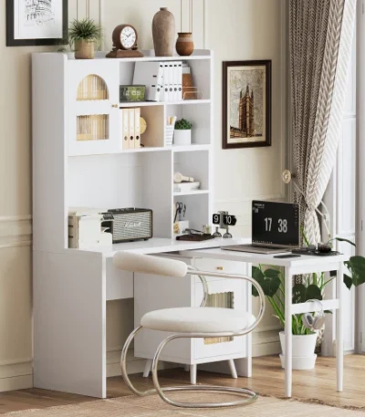 Modern Glass Computer Desk with 90 Degree Rotating Desktop Durable Office Desk with Storage Drawer Shelves and Cabinets