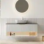 48-inch floating bathroom vanity in plywood with white sink, two pinstripe drawers, and shelf, front view against tiled