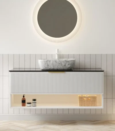 48-inch floating bathroom vanity in plywood with white sink, two pinstripe drawers, and shelf, front view against tiled