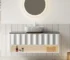 48-inch floating bathroom vanity in plywood with white sink, two pinstripe drawers, and shelf, front view against tiled