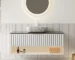 48-inch floating bathroom vanity in plywood with white sink, two pinstripe drawers, and shelf, front view against tiled