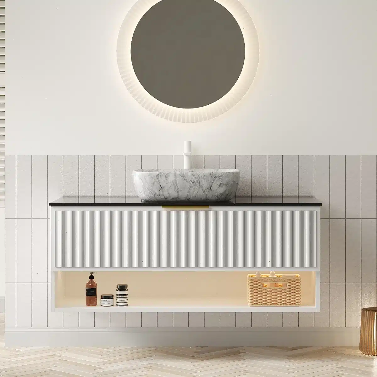 48-inch floating bathroom vanity in plywood with white sink, two pinstripe drawers, and shelf, front view against tiled